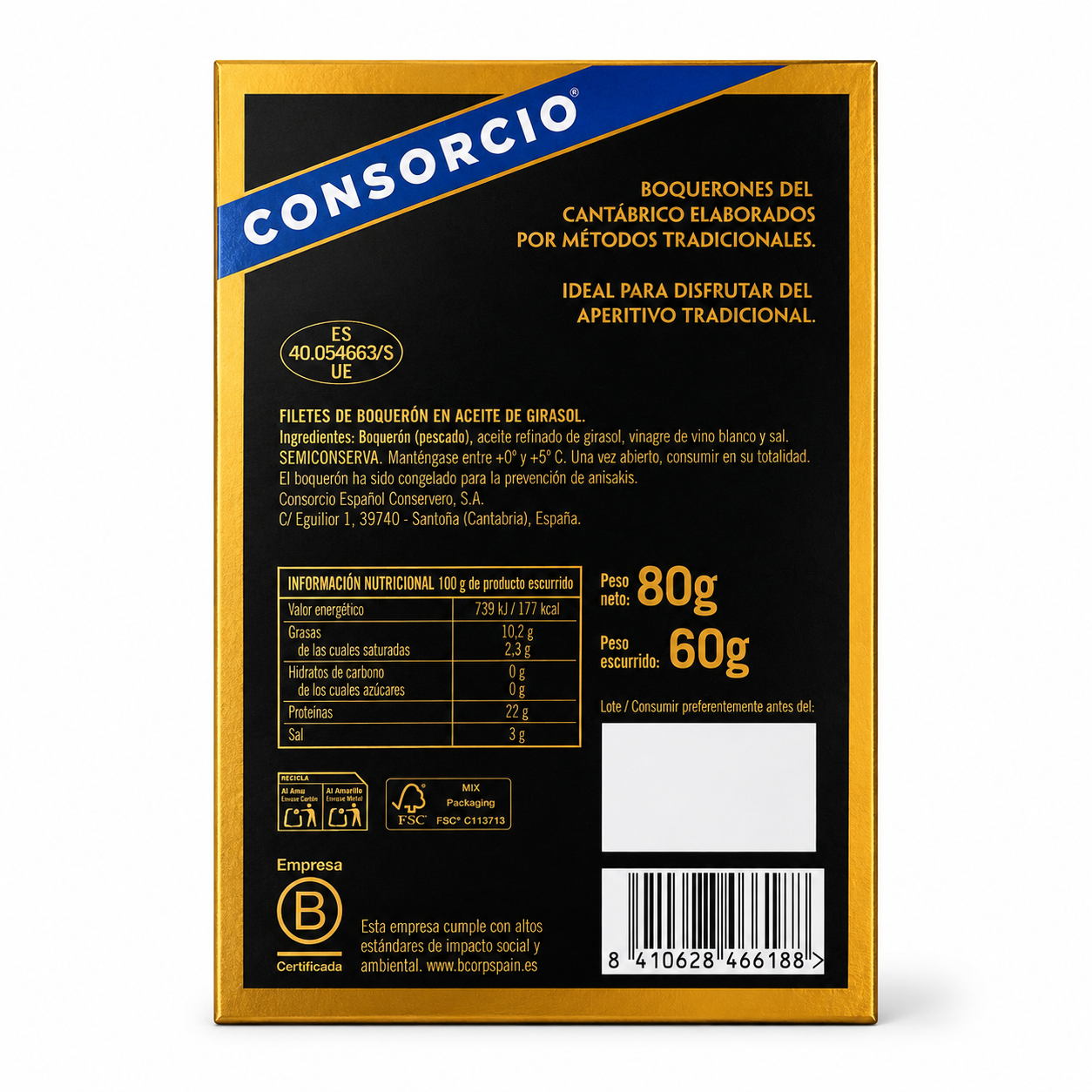 Boquerones del Cantábrico Consorcio 80 g | Elaboración Artesanal