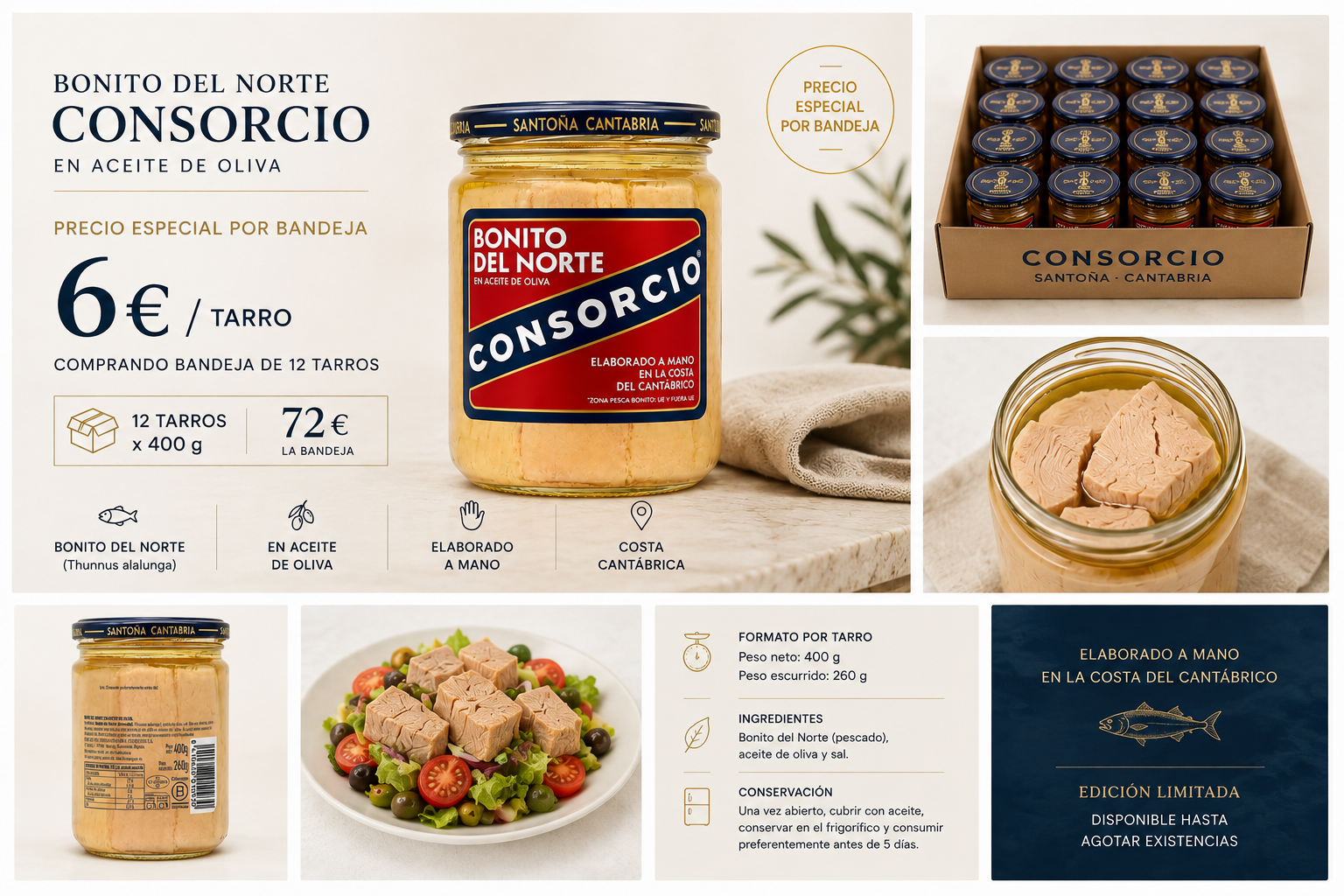 Bonito del Norte en Aceite de Oliva Consorcio 400 g · Bandeja de 12 tarros